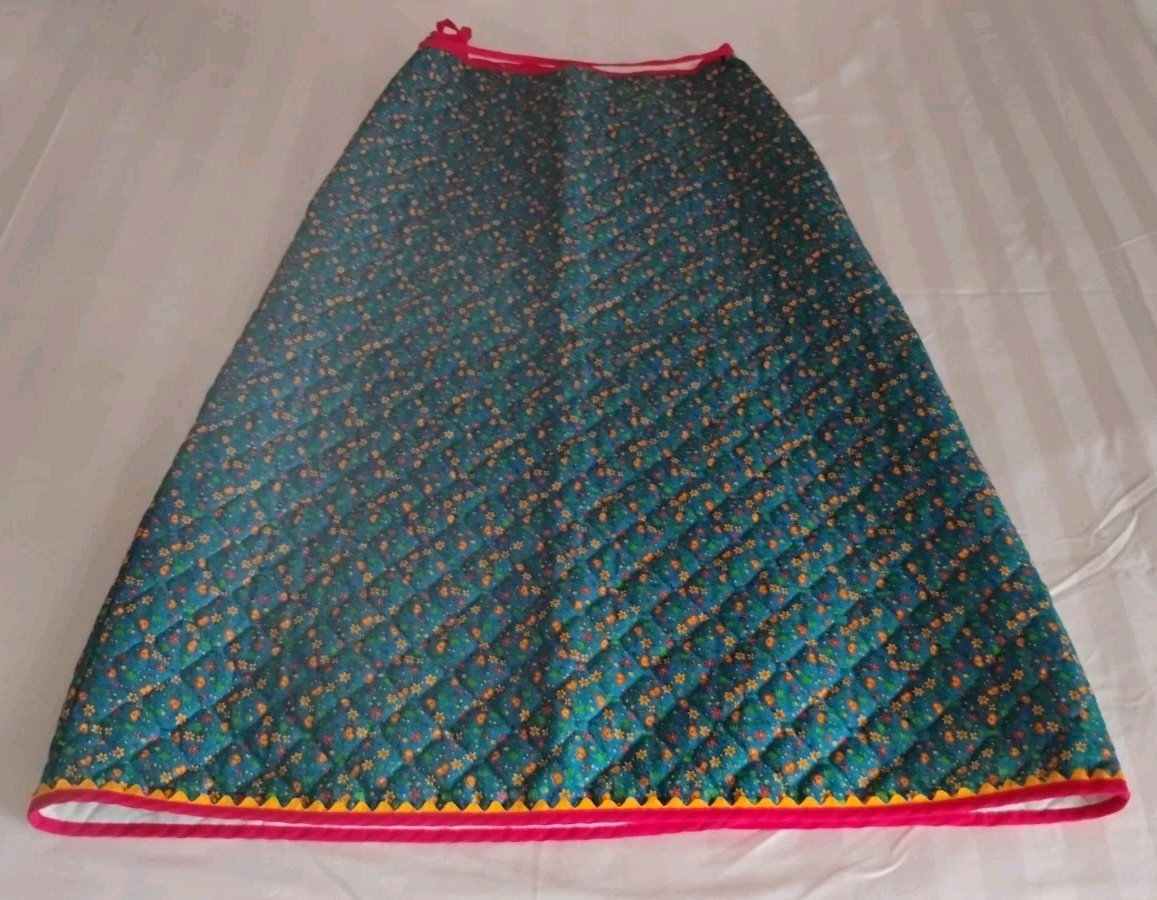 VTG 70s Retro Floral Quilted Maxi Wrap Skirt Flower Power Boho Hippie Lg Pocket