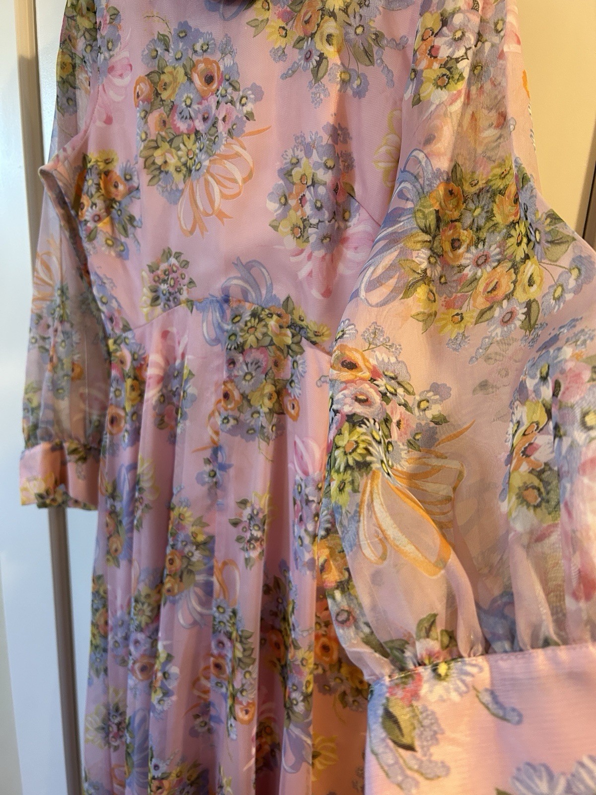 Avalon Classics Pink Floral Chiffon Maxi Dress Gown Sz 12 Cottage ILGWU Label