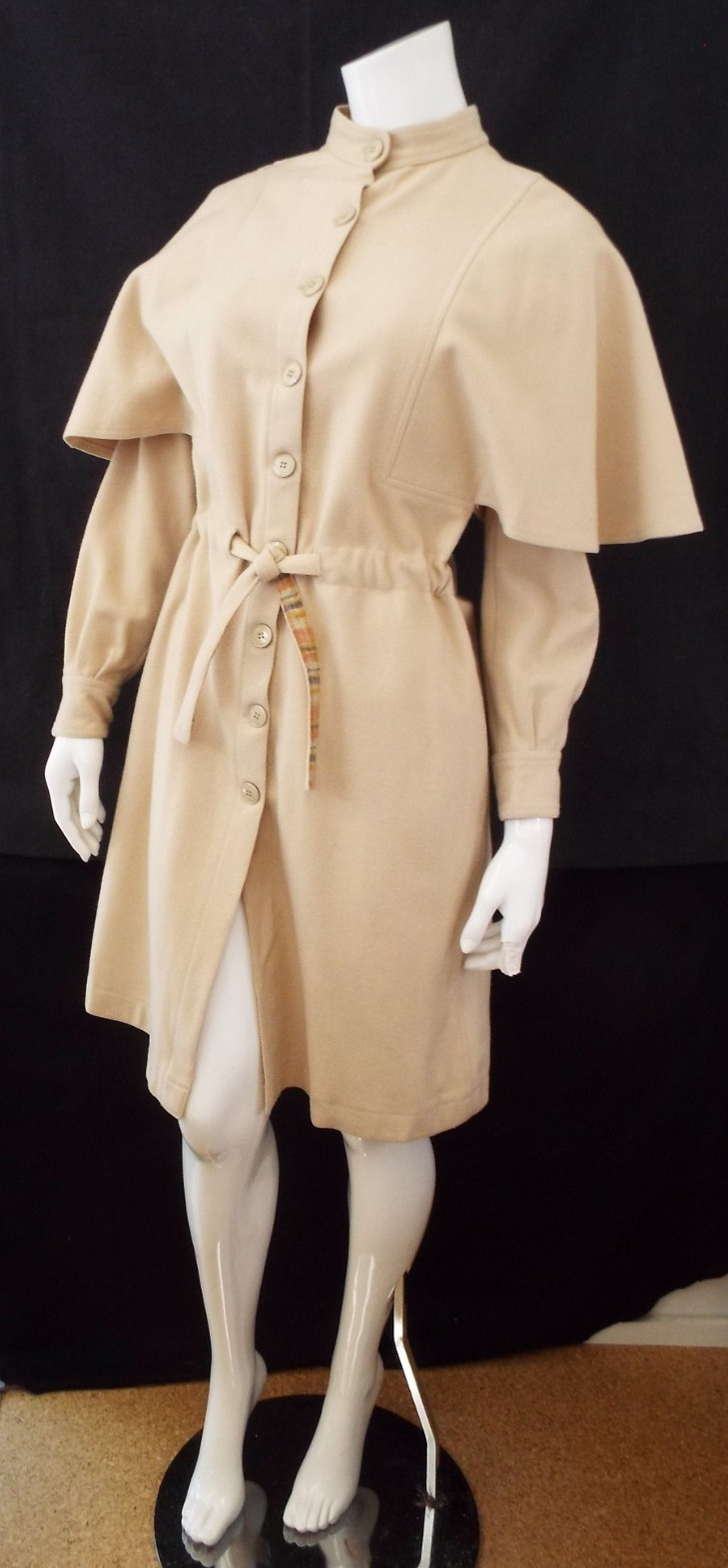 VTG 1970s KENZO JAP Beige Wool Coat Dress Size 8 Cape Pockets Sakowitz Houston
