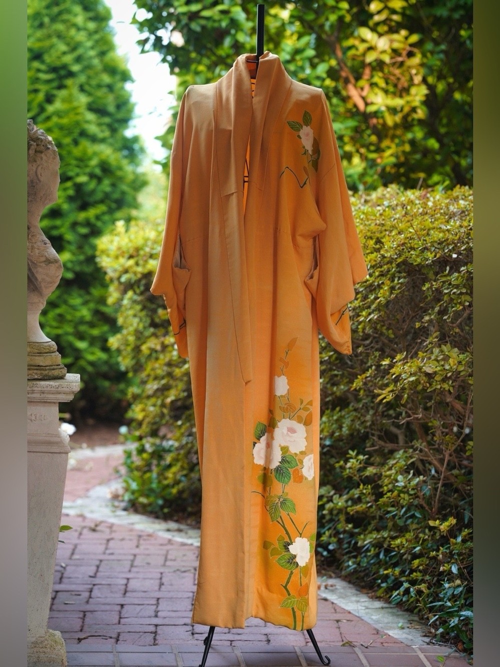 Vintage Hand-Painted Marigold Yellow Floral Long Robe / Duster