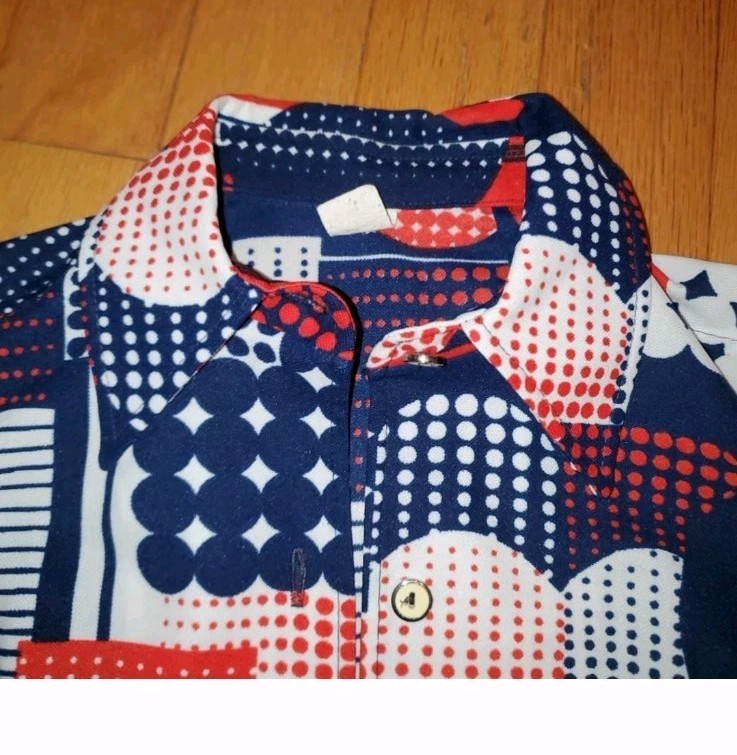 Vtg 70&rsquo;S Mod Geometric McM Twinset Long Sleeve Polyester Retro Red White Blue
