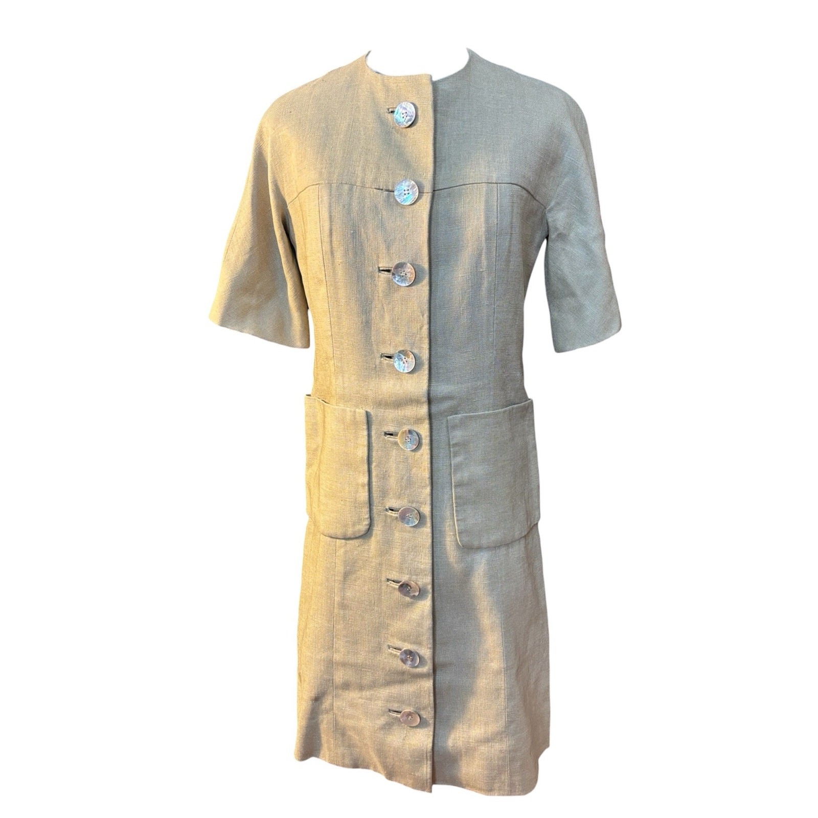 Oatmeal Linen Mod Dress 1960s Shell Button Shift Jackie O Pockets 36 38