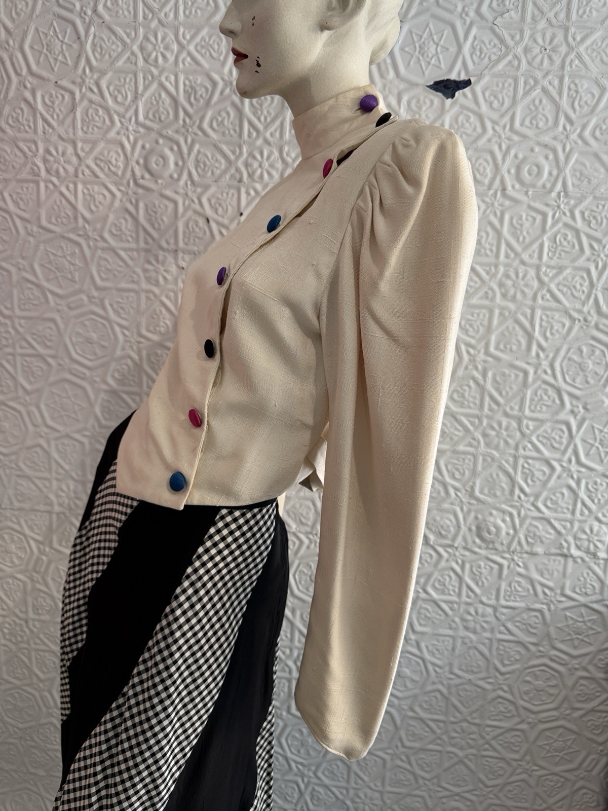 vintage 1980s silk jacket white rainbow designer cropped minimalist tailored S