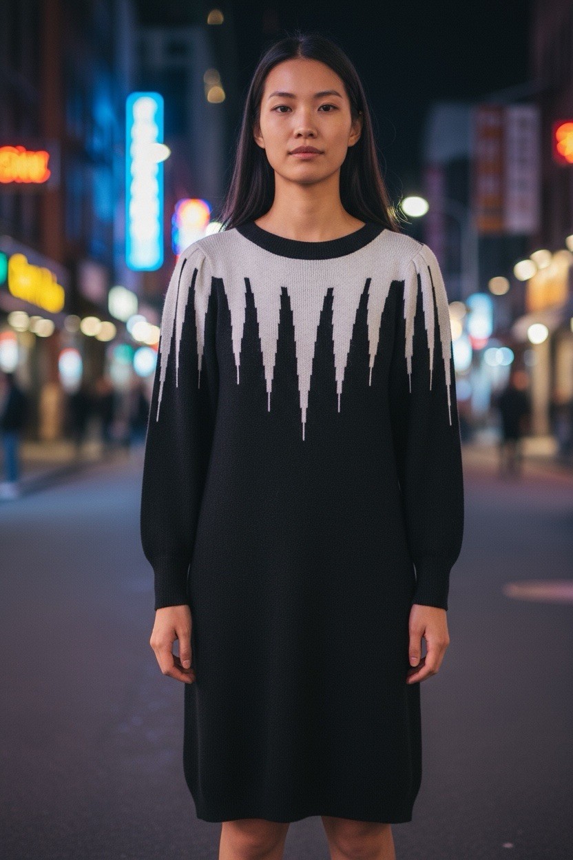 Vintage John Richard Sweater Dress – Black & Silver Geometric Knit, Long Sleeve,
