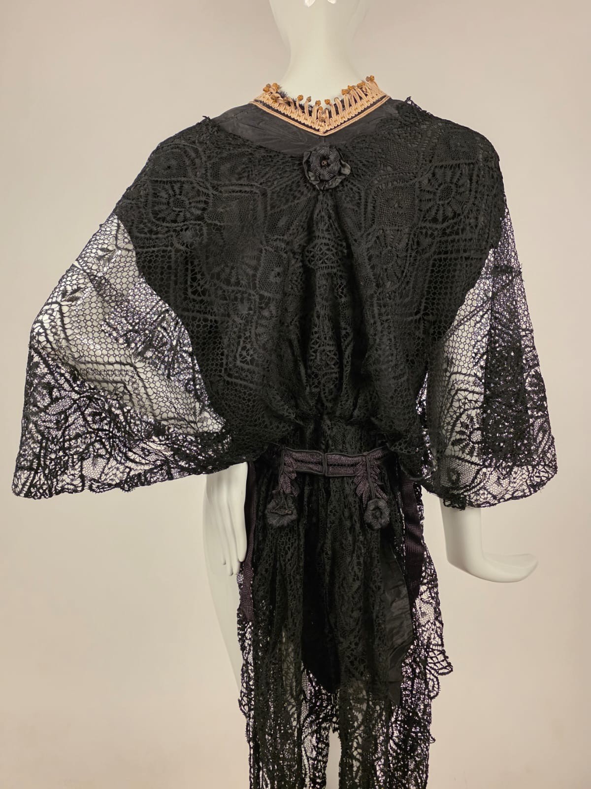 EDWARDIAN HAND MADE CLUNY LACE JACKET W LAME KNOT EDGING + BELL SLEEVES + TAILS