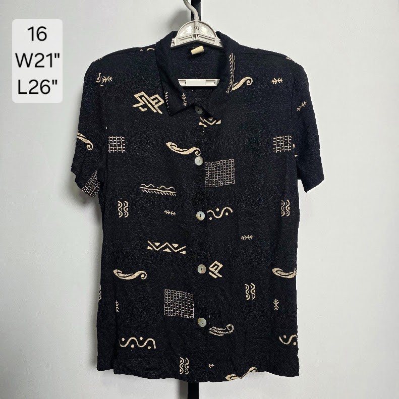 Vintage 90s Teddi Black Rayon Button Up Shirt Top Size 16 Tribal Geometric Art
