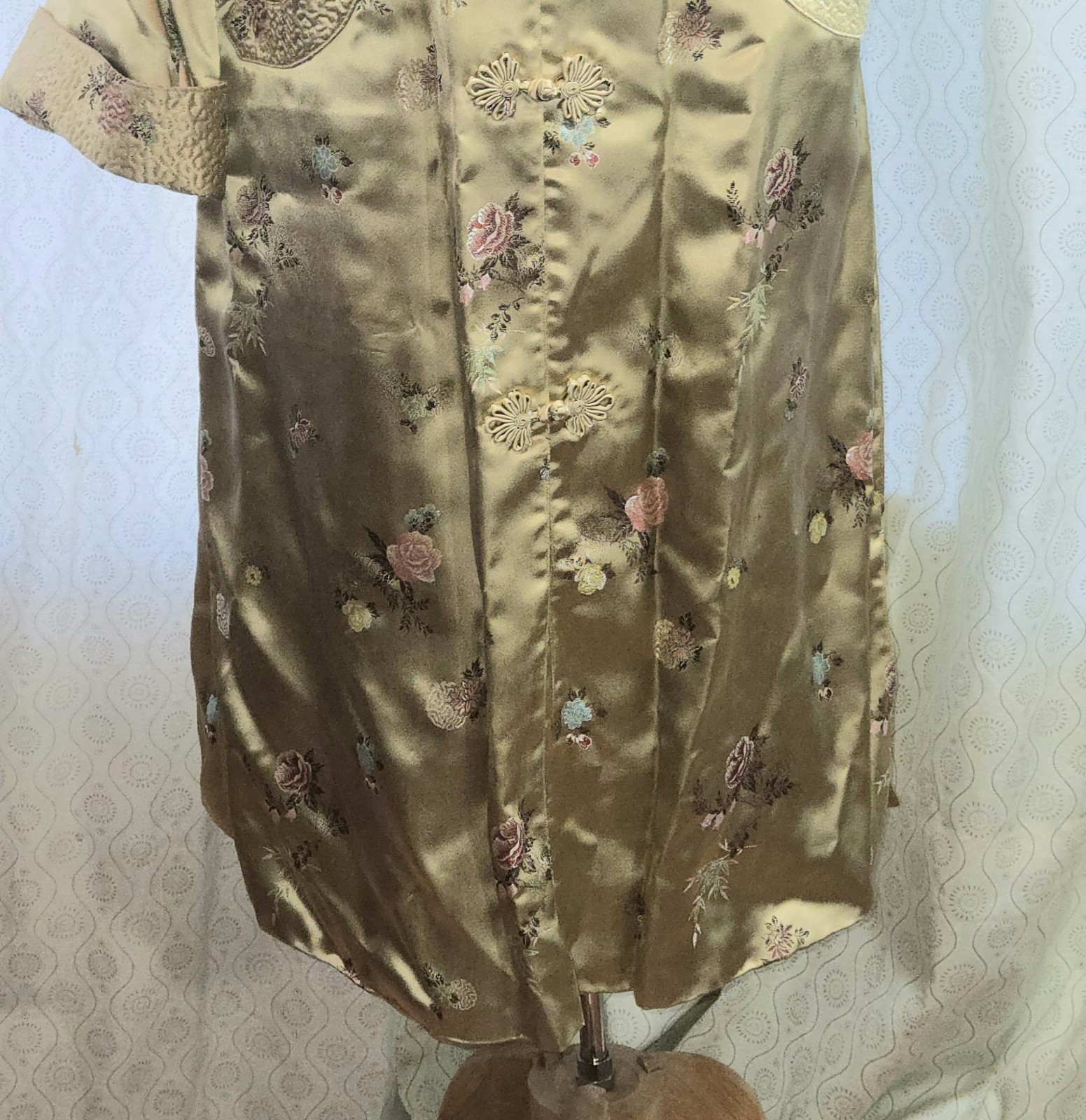 Chinese Brocade Embroidered Satin Frog Knots Long Duster Coat Tangzhuang 38 M