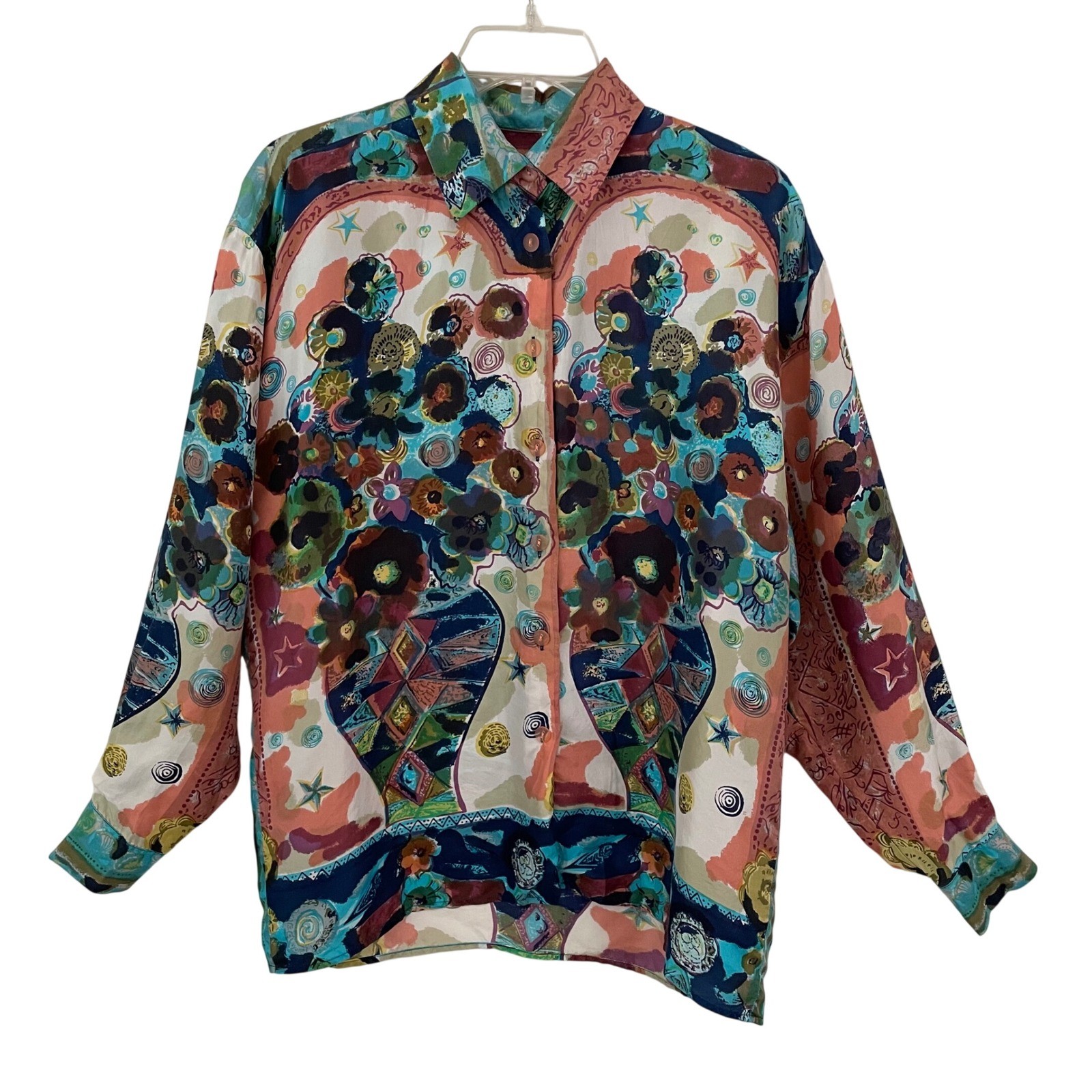 Vintage Art to wear silk long sleeve graphic print blouse women&rsquo;s *XL READ