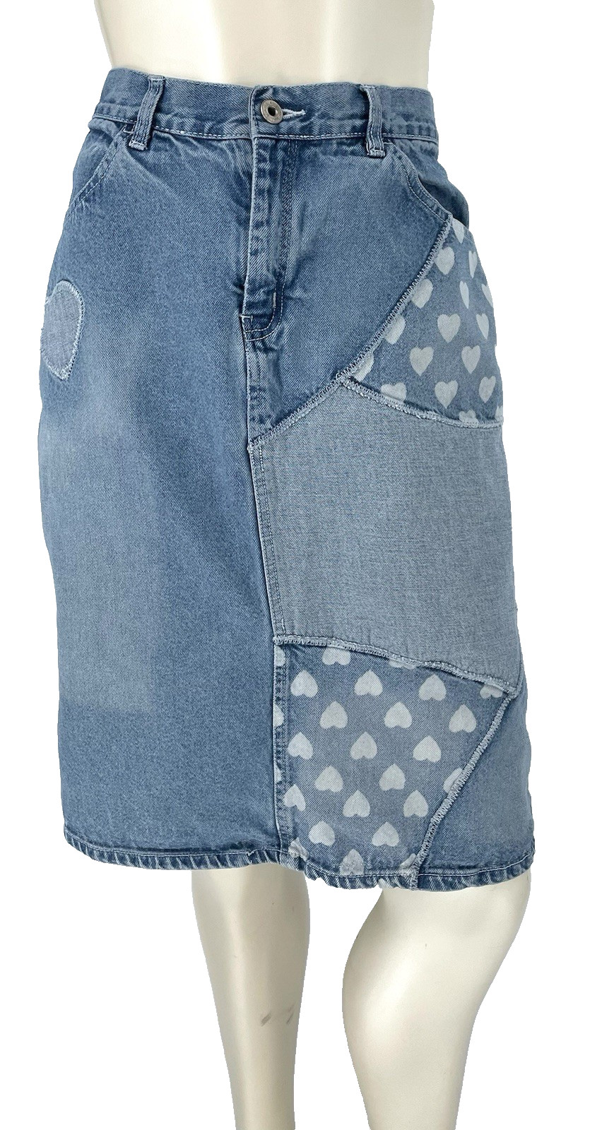 Vintage 1990s 2000s Y2K Patchwork Heart Denim Jean Midi Wiggle Skirt medium