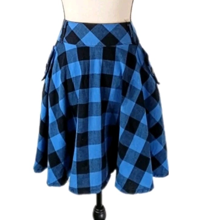 Vintage Y2K Wet Seal Blue Plaid Mini Skater 100% Cotton Skirt Size Medium