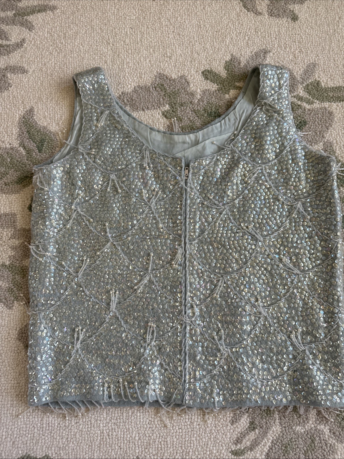Pastel Blue Hand-beaded And Sequined Vintage Mid-19th Century Wool Top Size S/M