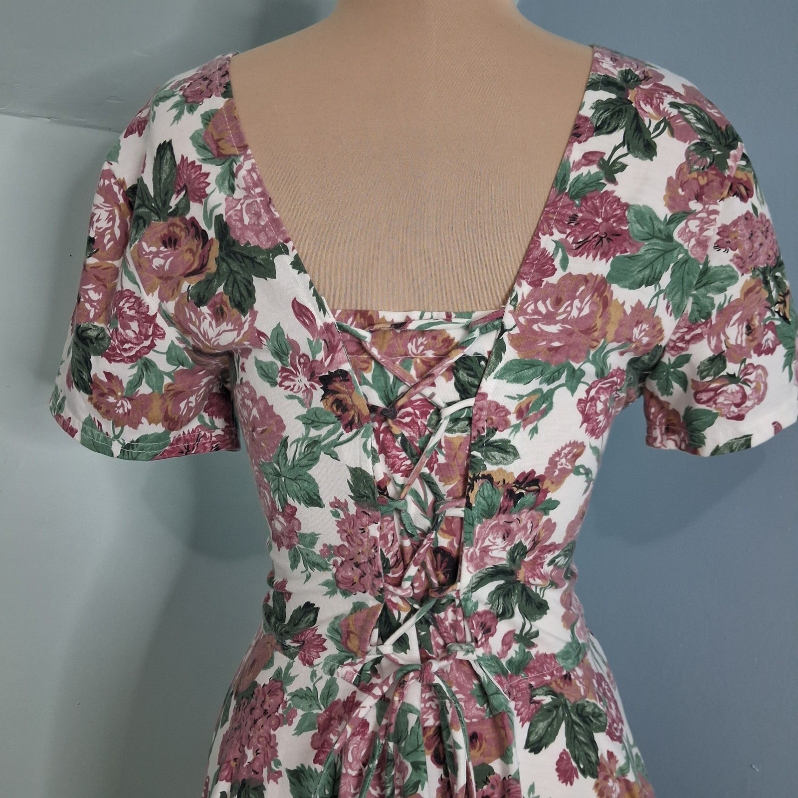 Vintage DBY Ltd Floral Lace Up Back Mini Dress Pink Rose Cottagecore 90s Grunge