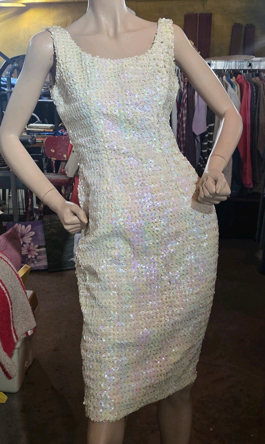 Vintage Ted Brown Vintage 60s PinUp AB Rainbow Sequined White Mini Dress