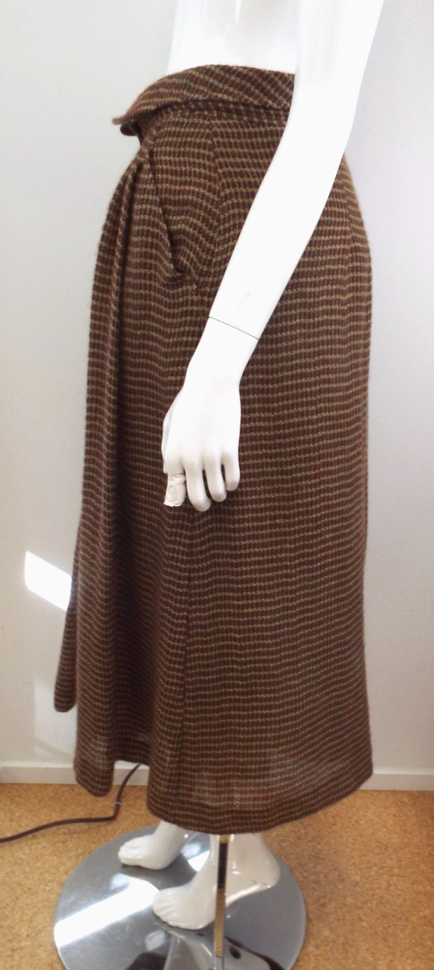Vintage Giorgio Armani Brown Plaid Wool Blend Maxi Skirt 44 Fold Down Waist