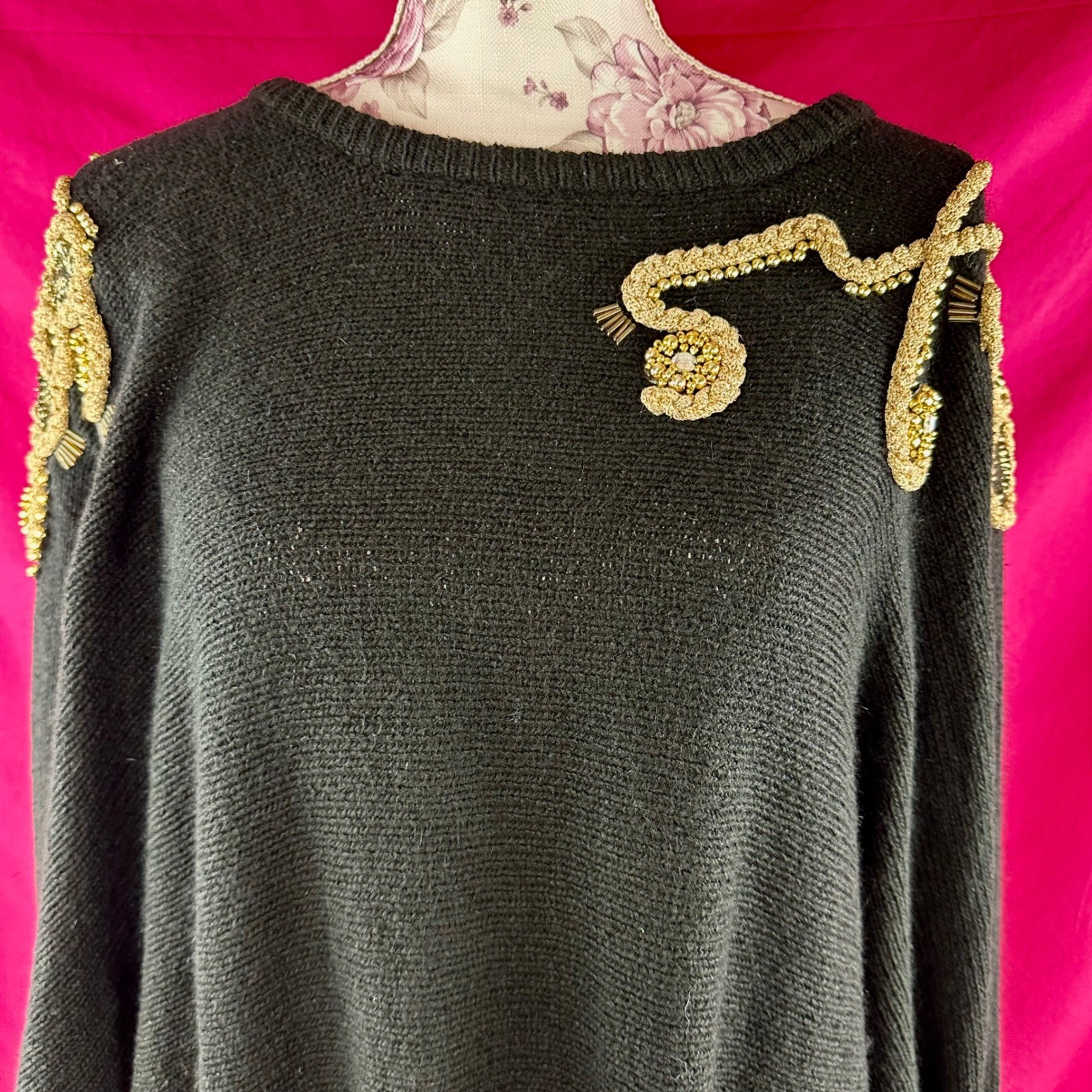 Vintage 80s Beaded Rhinestone Sweater Black Gold Angora Silk Wool NYE Plus 26/28