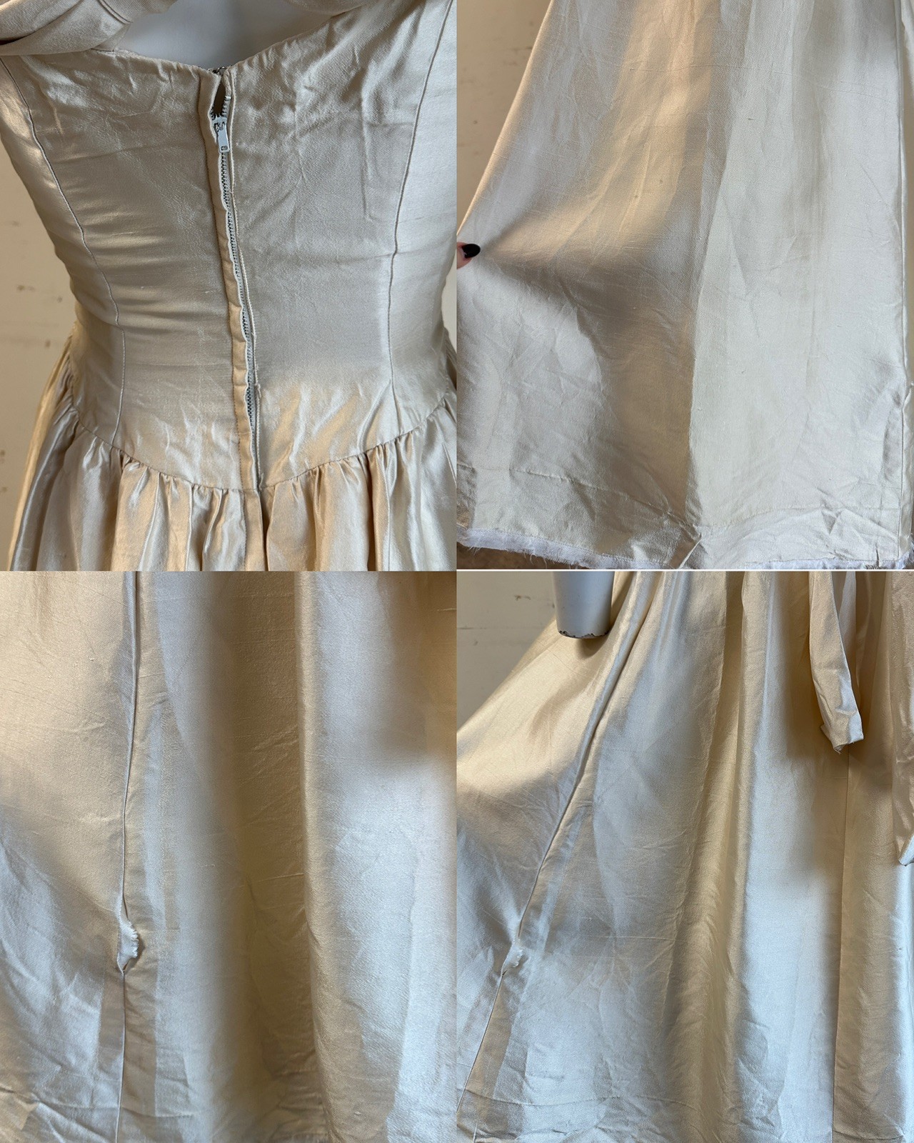 1950s Raw Silk Cream A line Evening Dress As Is Bateau Neckline Drop Waist