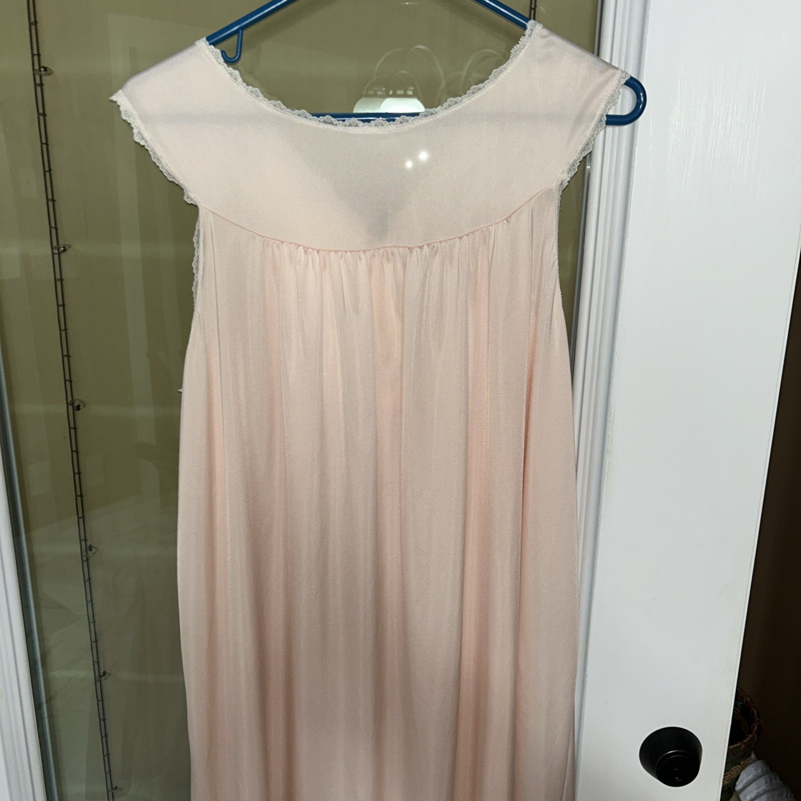 Vintage Shadowline Pink Nylon Nightgown Lace Applique Long Size L