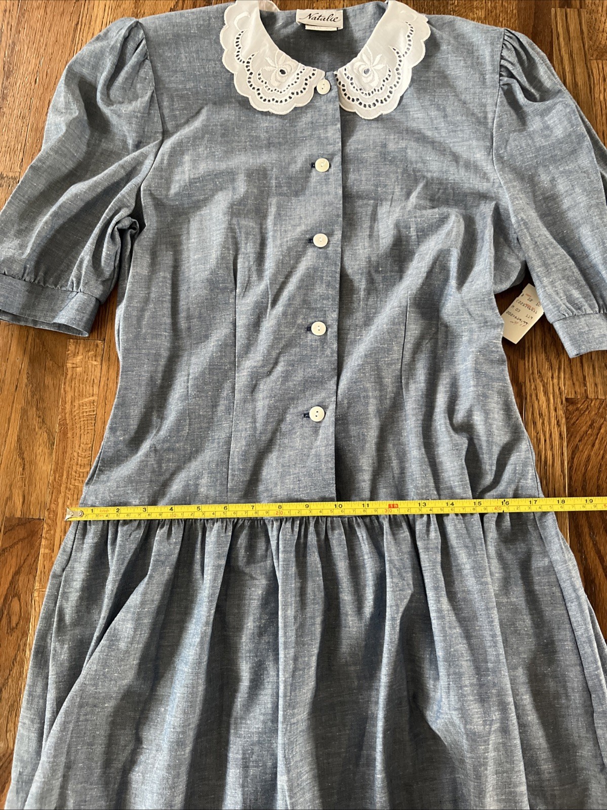 Vintage Light Blue Denim Chambray Modest Cottagecore Dress w/Lace Collar Sz 9/10