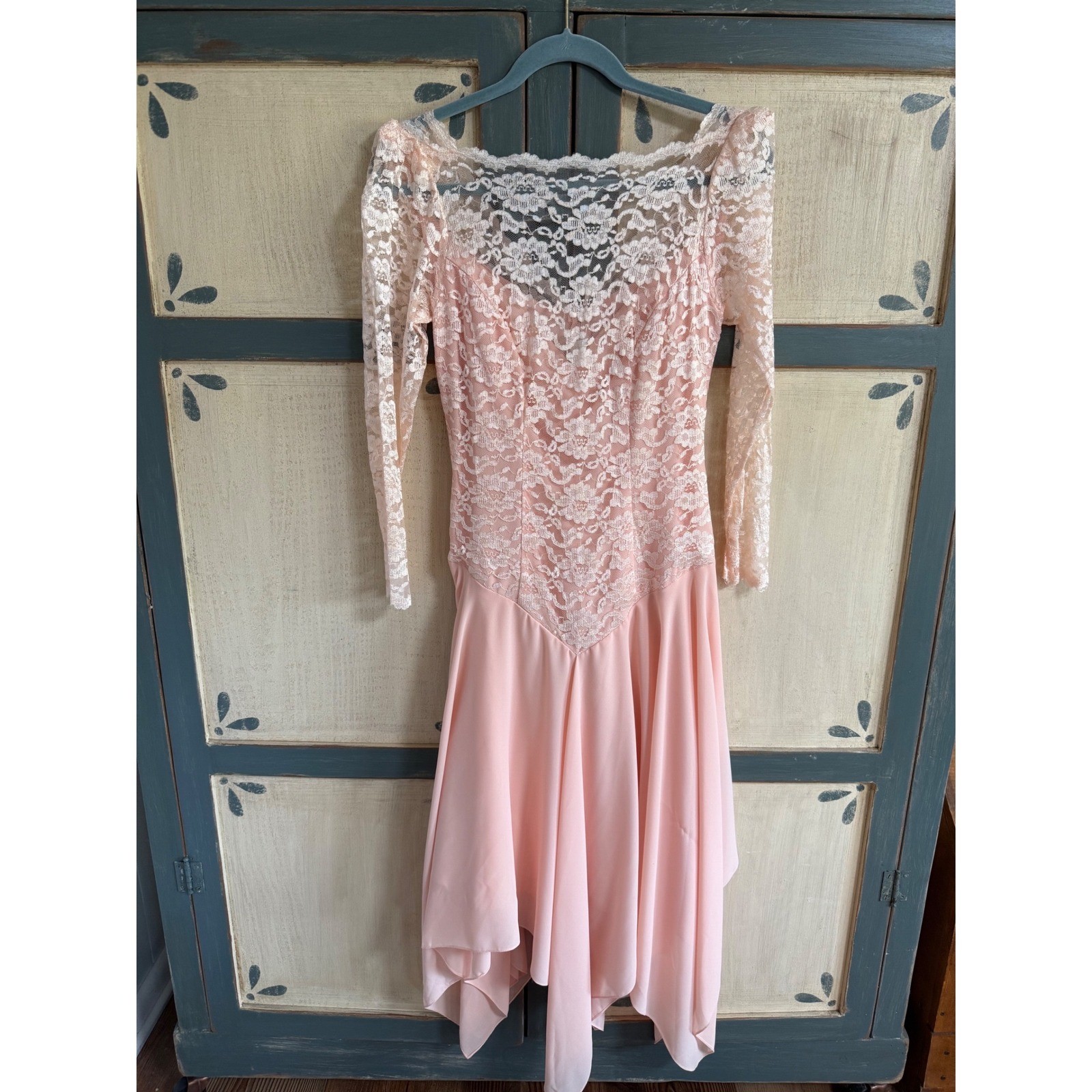 Vintage JCPenney Lace Chiffon Handkerchief Hem Dress Peach Pink 80s 90s Fairy