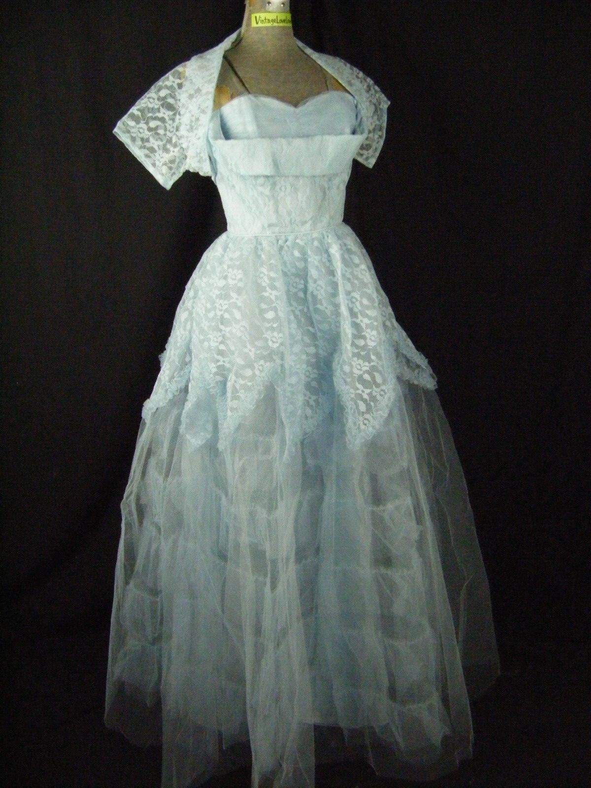 Vtg 50-60s Baby Blue Ruffle Tier Lace Strapless Party Dress & Bolero-Bust 32/2XS