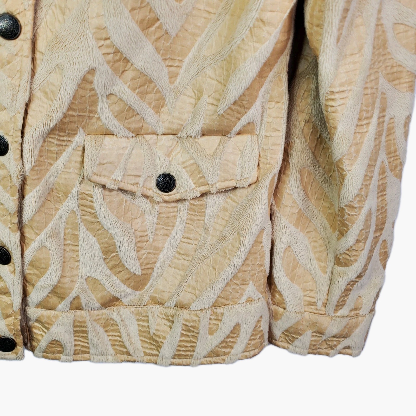 VTG Erin London Women Snap Button Jacket Small Animal Print Metallic Beige Gold