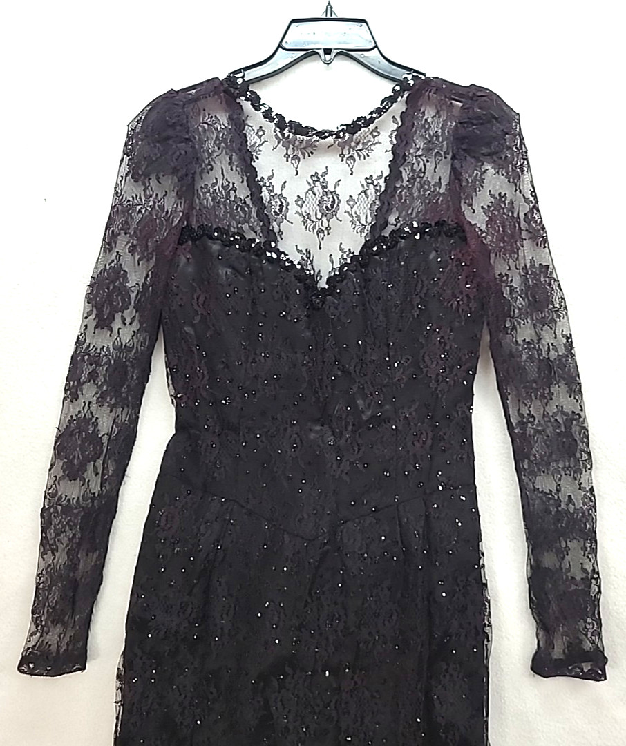 Gunne Sax dress Goth Princess Black Lace Sequins Tattoo Show Off Open Back Sz 9
