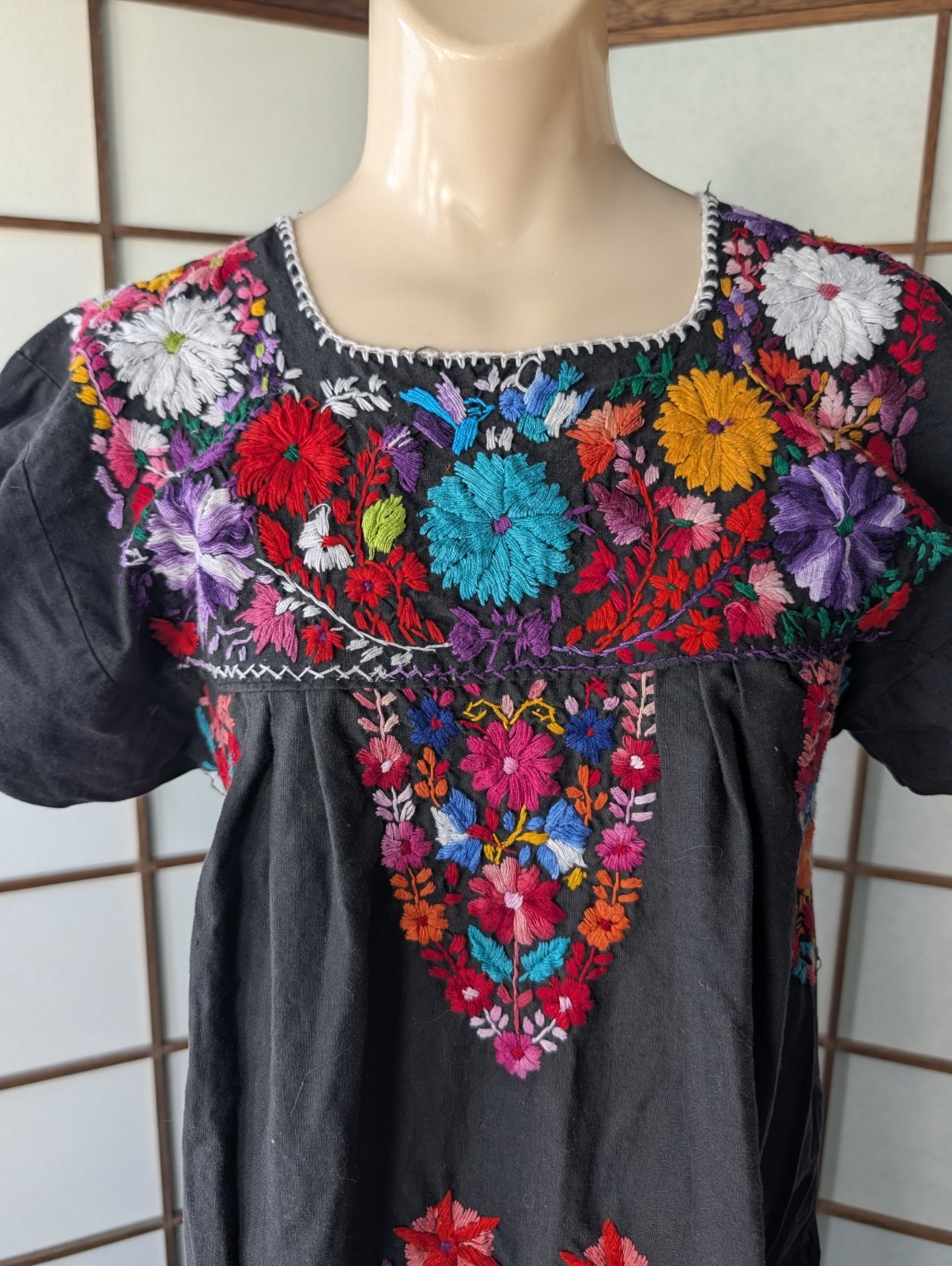 Vintage 70s Intricate Hand Embroidered Mexico Tourist Dress Peacock Sz M/L Black