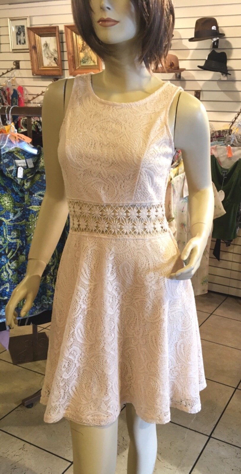 Cream, lacy, mini dress, with sheer back, & crochet insert, (#7849)