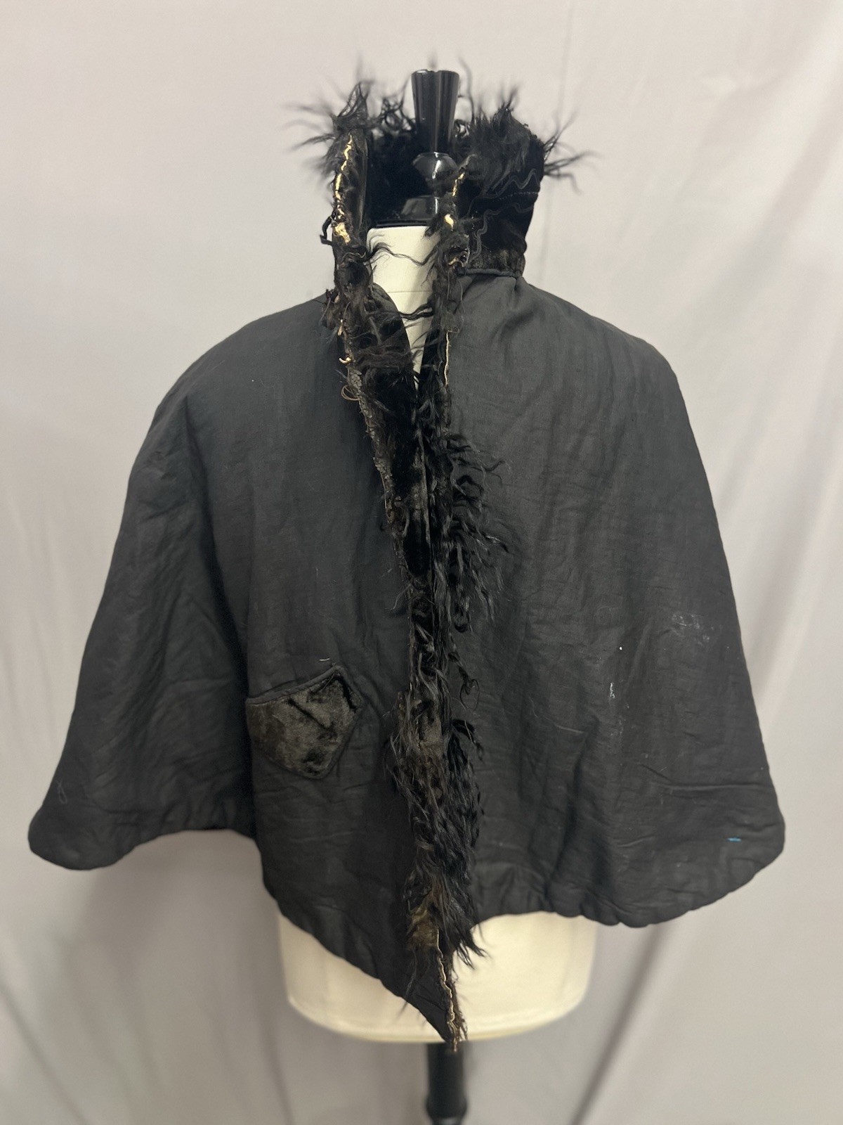 1890’s Antique Black Plush Velvet Cape Narrow Soutach & Jet Bead Trim
