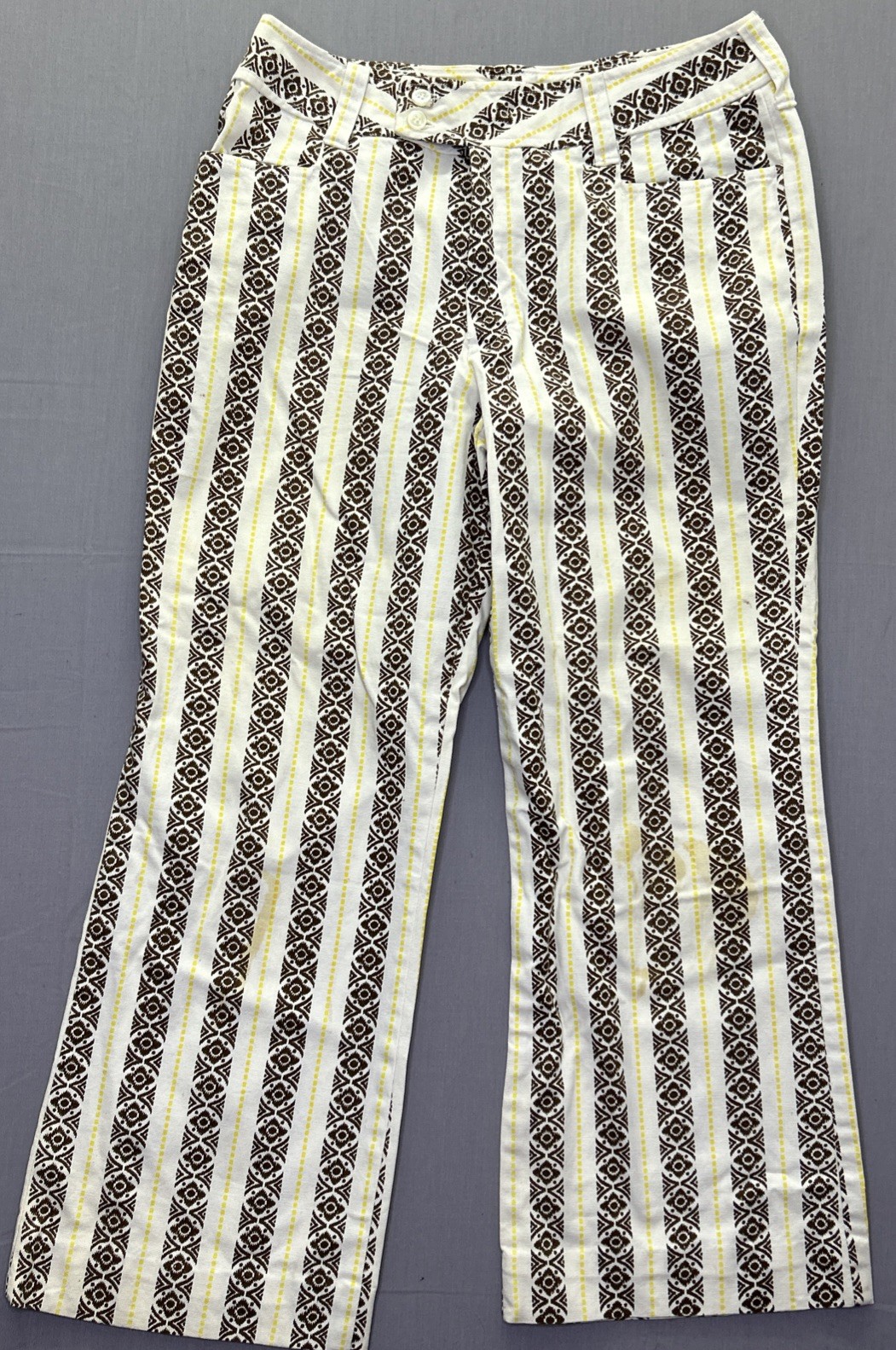 Vintage 70s Style Flare Pants Brown Yellow Geometric Stripe Boho Bell Small