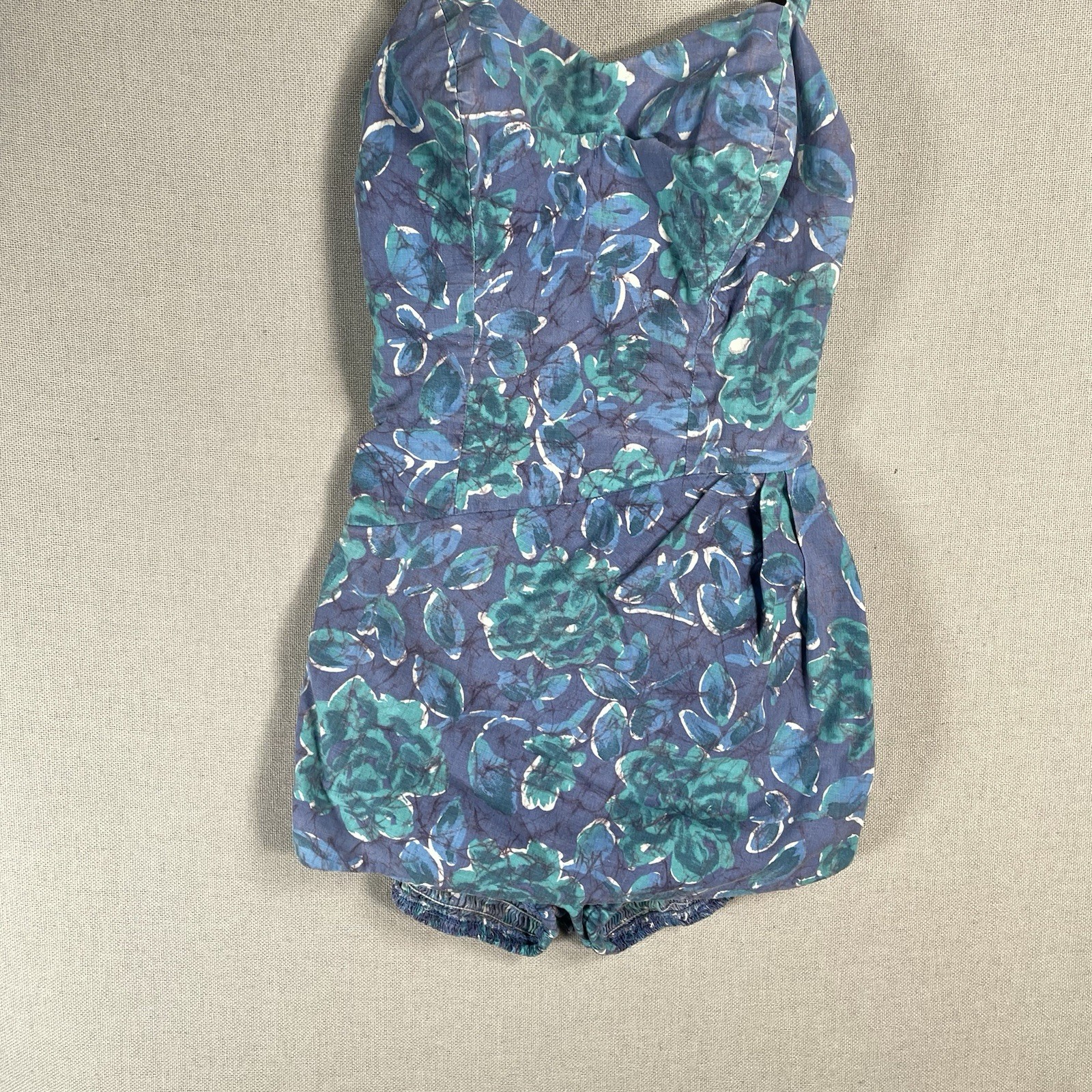 VINTAGE 50s Cotton One Piece Bathing Swimsuit Womens XS Blue Floral Pinup