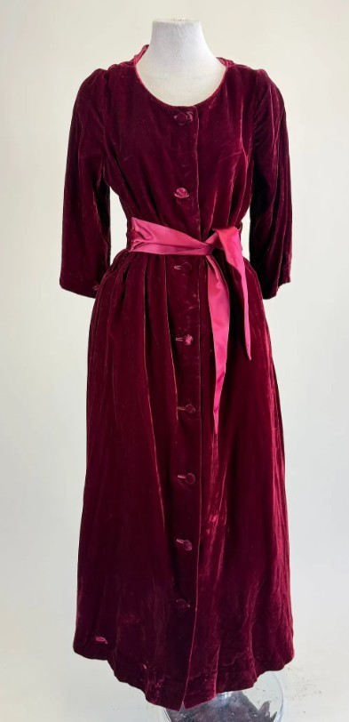 Vintage 1960s Burgundy Red Rayon Velvet Hostess Maxi Gown Dress Satin Belt M/L