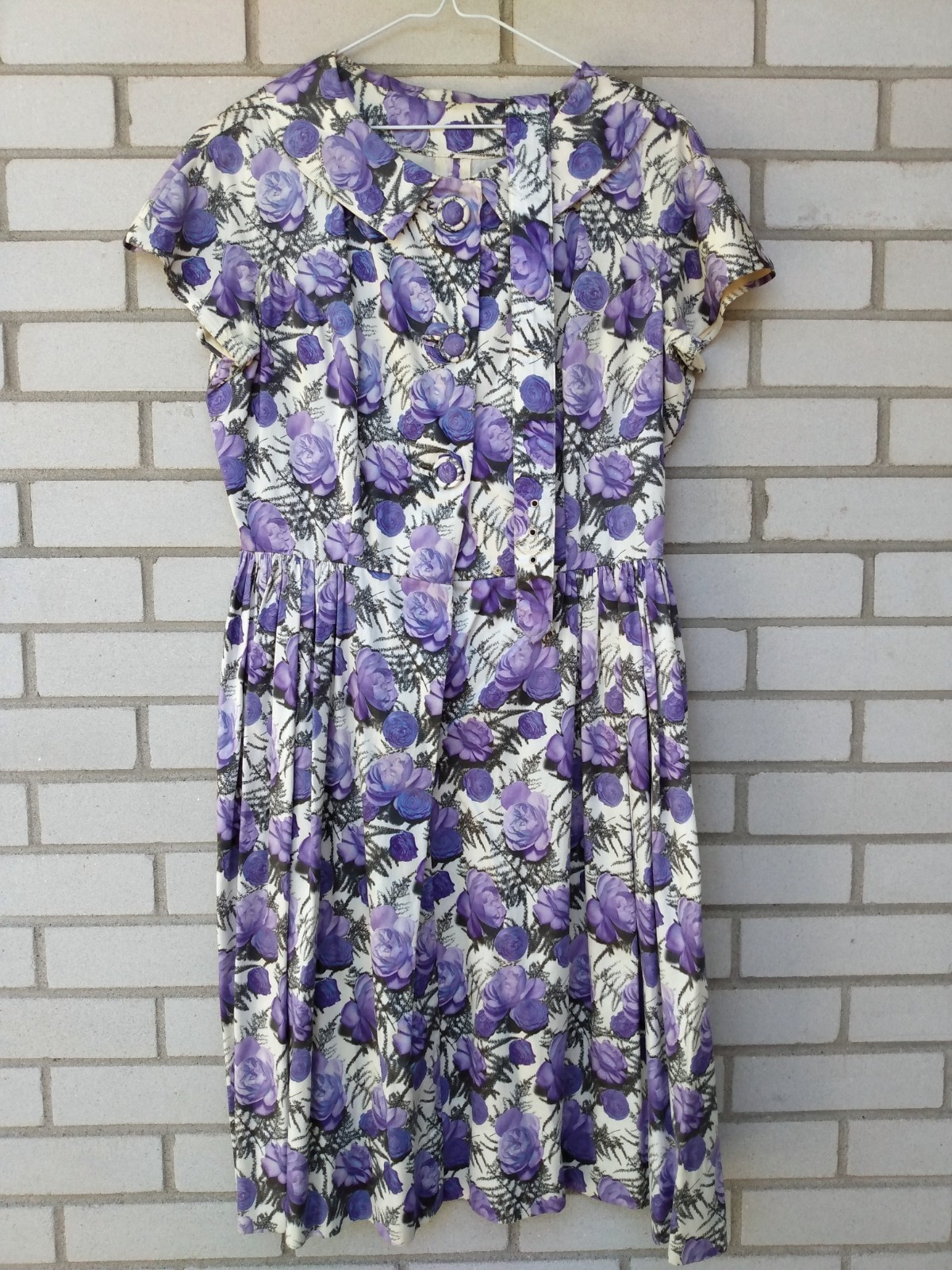 Vintage 50s Purple Rose Dress 42&Prime; Bust 28.5&Prime; Waist Rockabilly Tea Party 60s