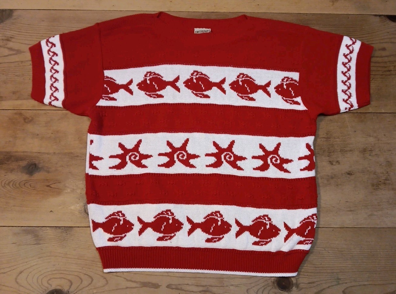 Knitmakers Women XL Vtg 100% Cotton Sweater USA Made Short Sleeve Nautical Beach