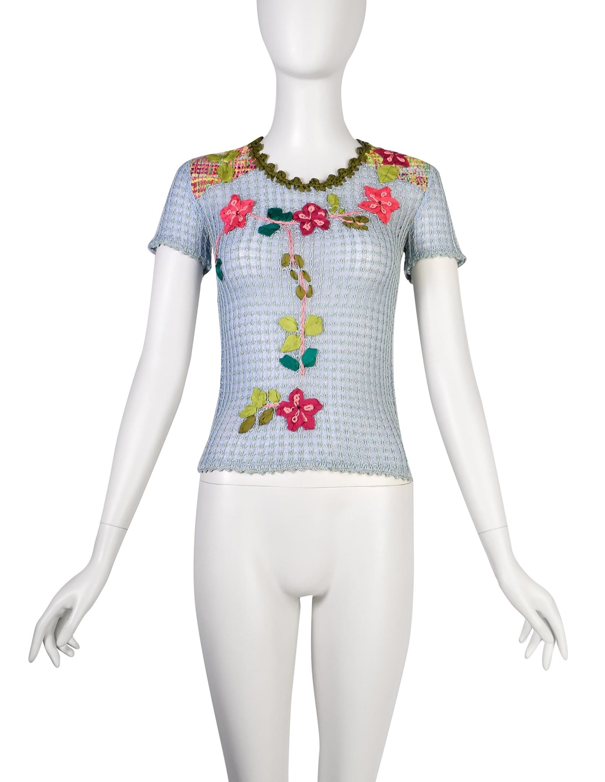 Christian Lacroix Vintage SS 2000 Baby Blue Multicolor Floral Embellished Knit C