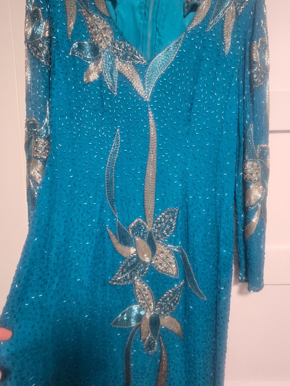 Vintage VINNIE Long Green, Teal, Silk Beaded Dress size XL