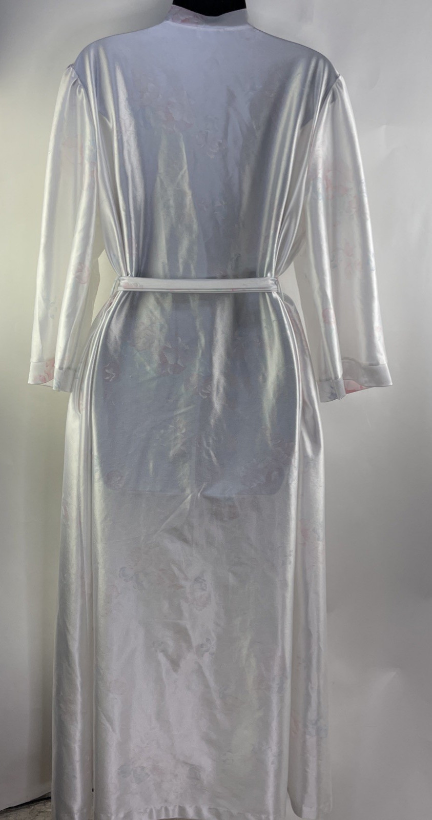 Vtg Lorraine White Satin Belted Long Robe Women&rsquo;s L Floral Print