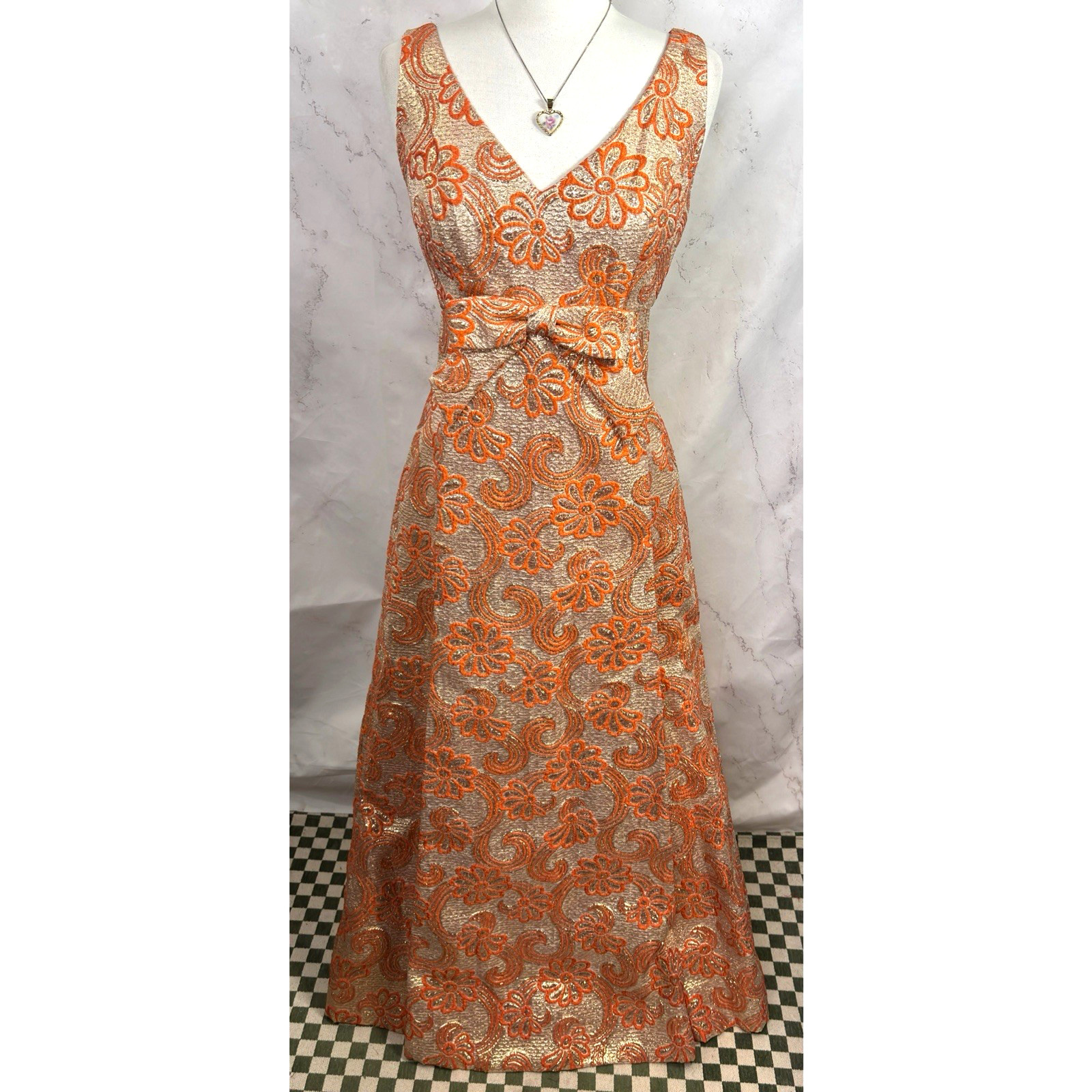 Vintage 60s Kent Originals Empire Waist Evening Gown Dress Orange Brocade 6 S