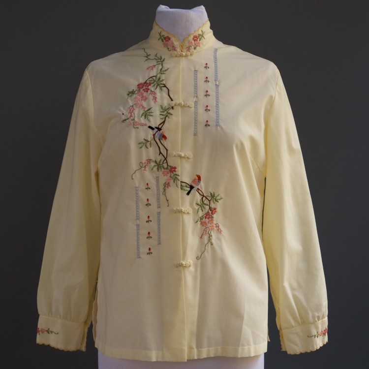 VTG 60s Daffodil Heavily Embroidered Asian Tunic Top Yellow Cotton Blend M L