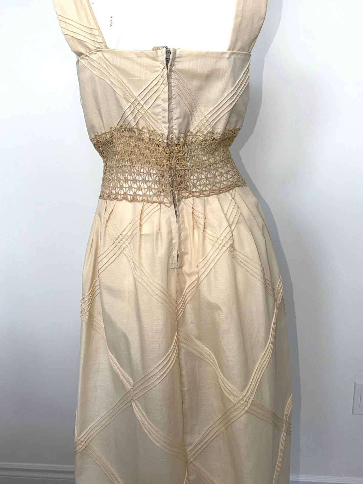 Vintage 1970s Mexican Embroidered Festival Cream Prairie Crochet DRESS