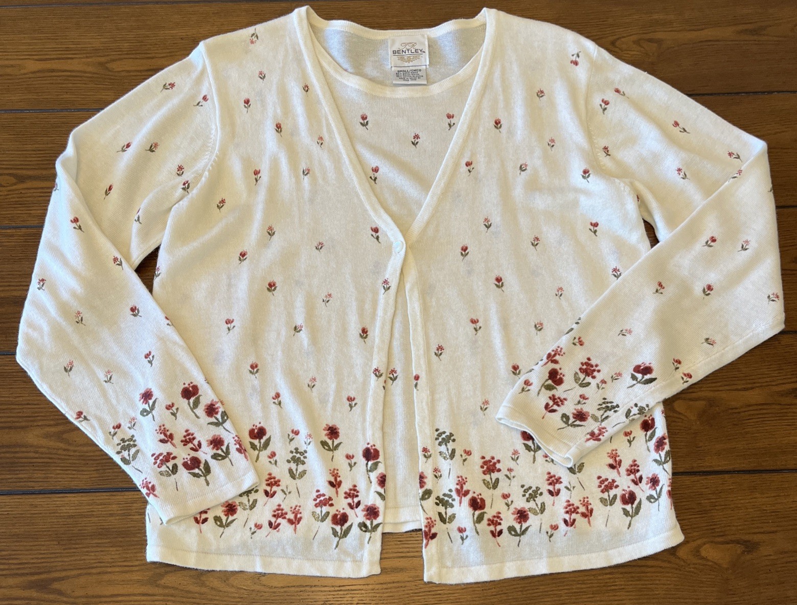 Vintage 90s Floral Embroidered Layered Look Sweater Cream Cottagecore S