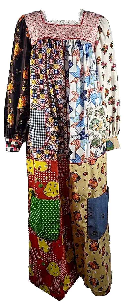 VTG NOS Buttrey&rsquo;s Mon Ami Patchwork L/S Floral Check Long Prairie Dress Small
