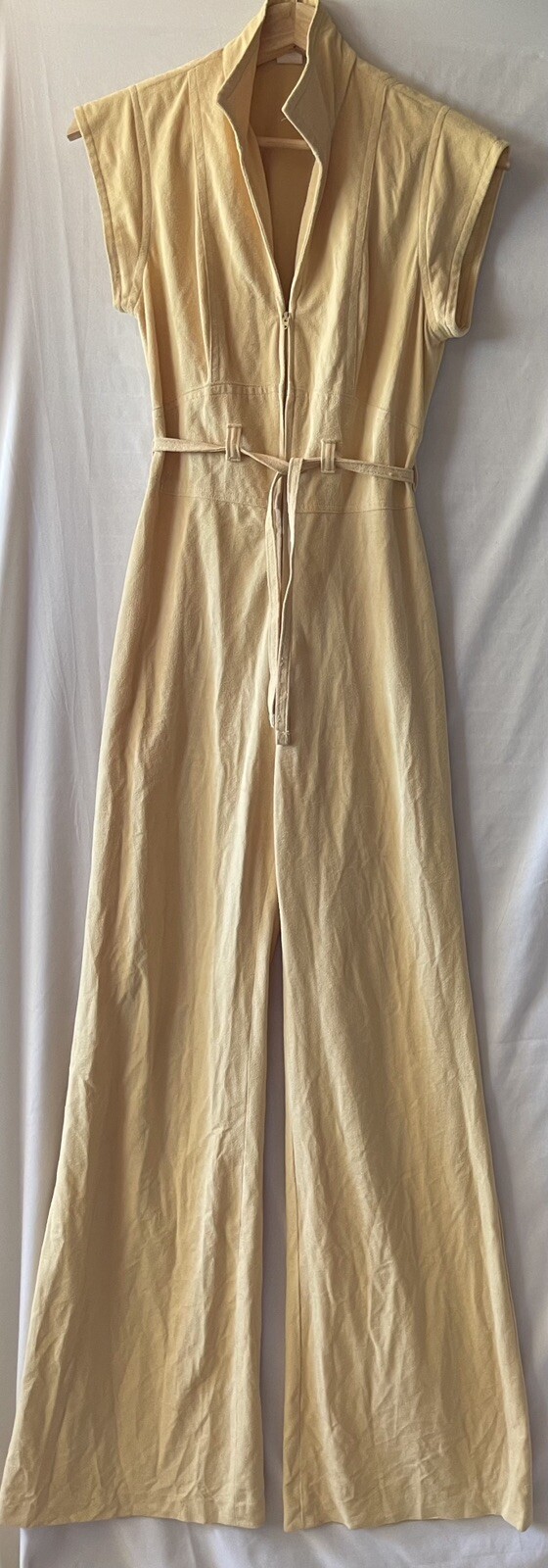 VINTAGE 70&rsquo;S BOHO HIPPY FLARE LEG JUMPSUIT, BUTTER COLOR, FAUX SUEDE, 26&Prime; WAIST