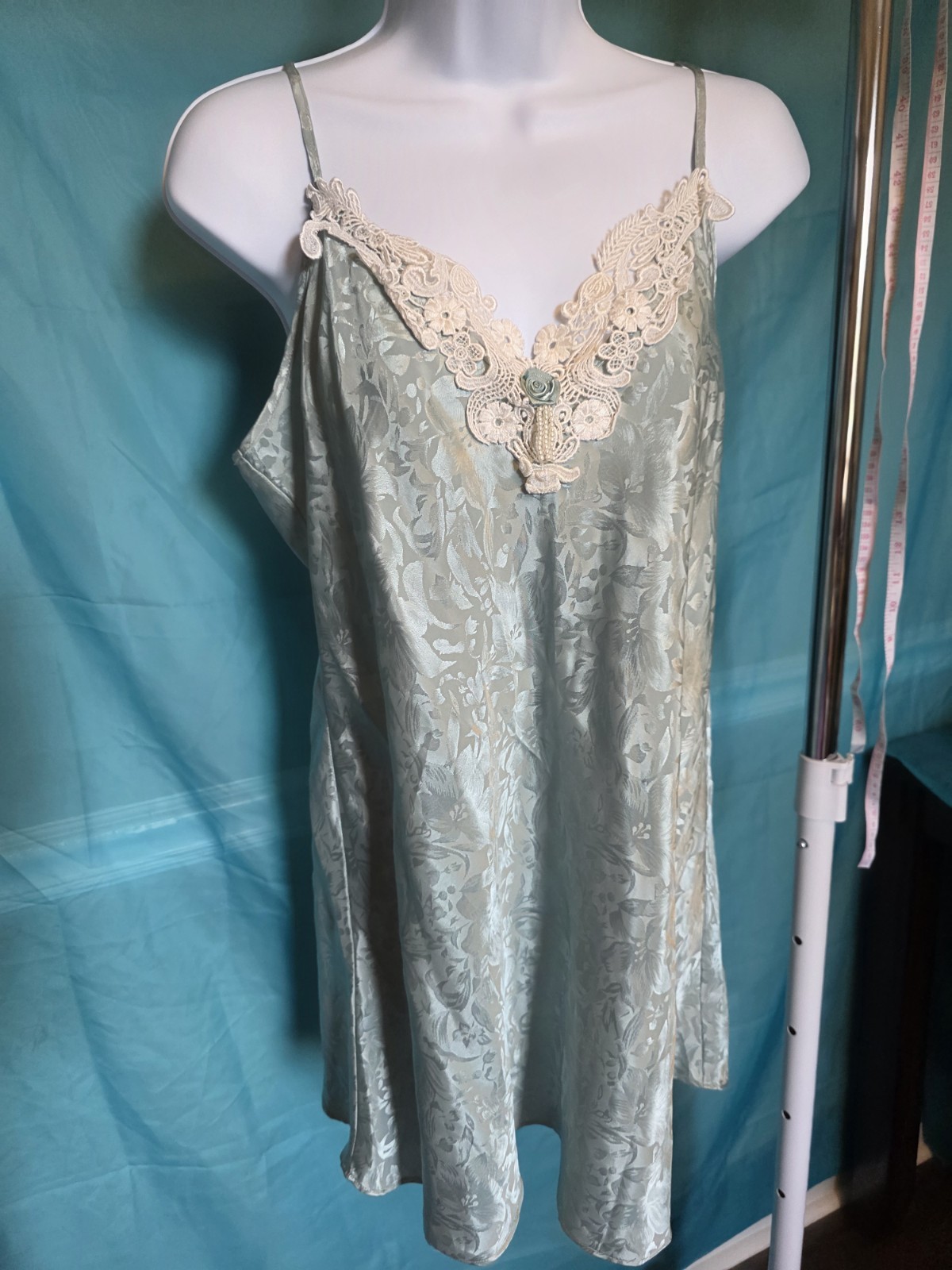 Fairy Slip Dress Vintage 90s Mint Green Floral Satin Nightgown Inner Most, L
