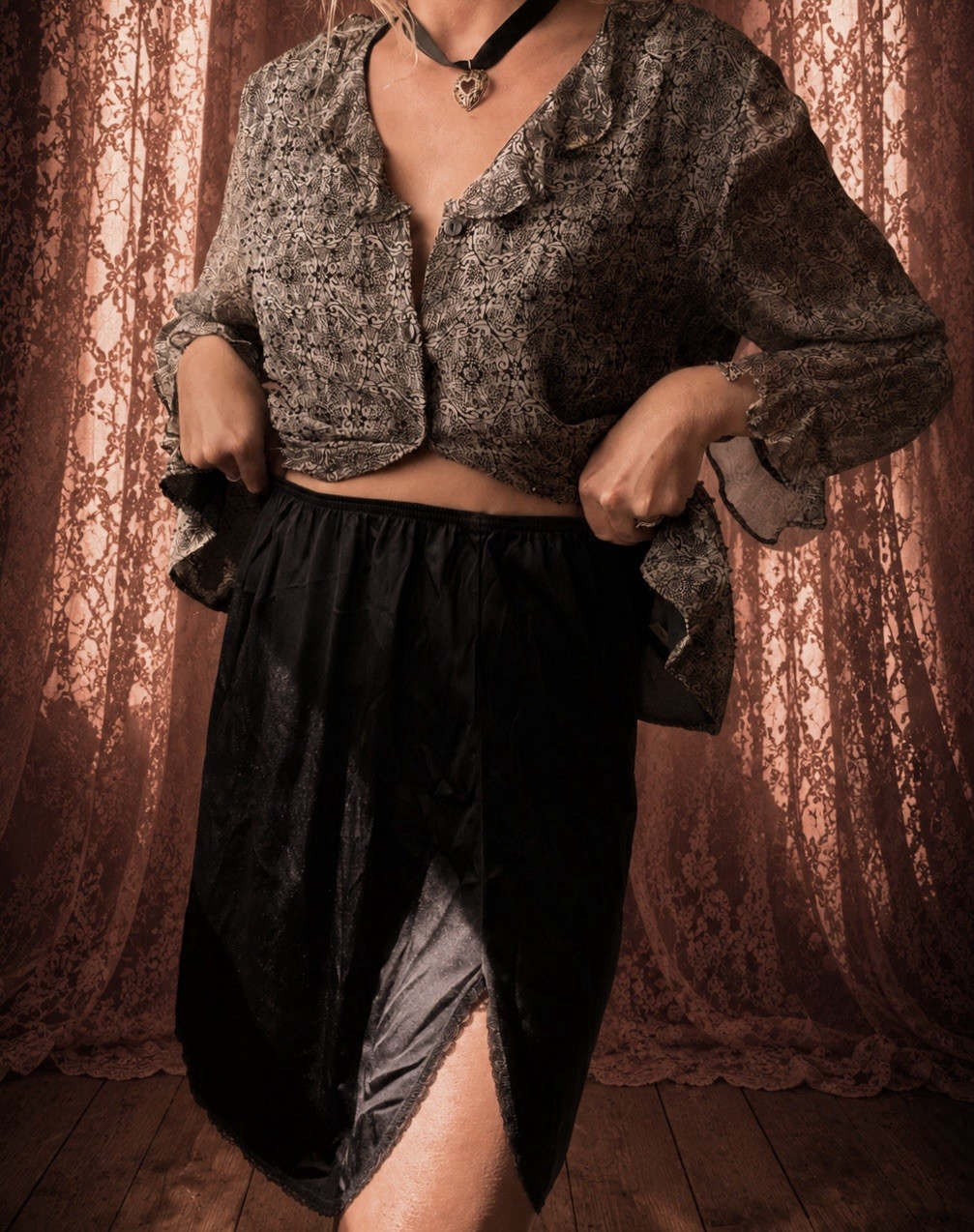 1970s black lace slip skirt