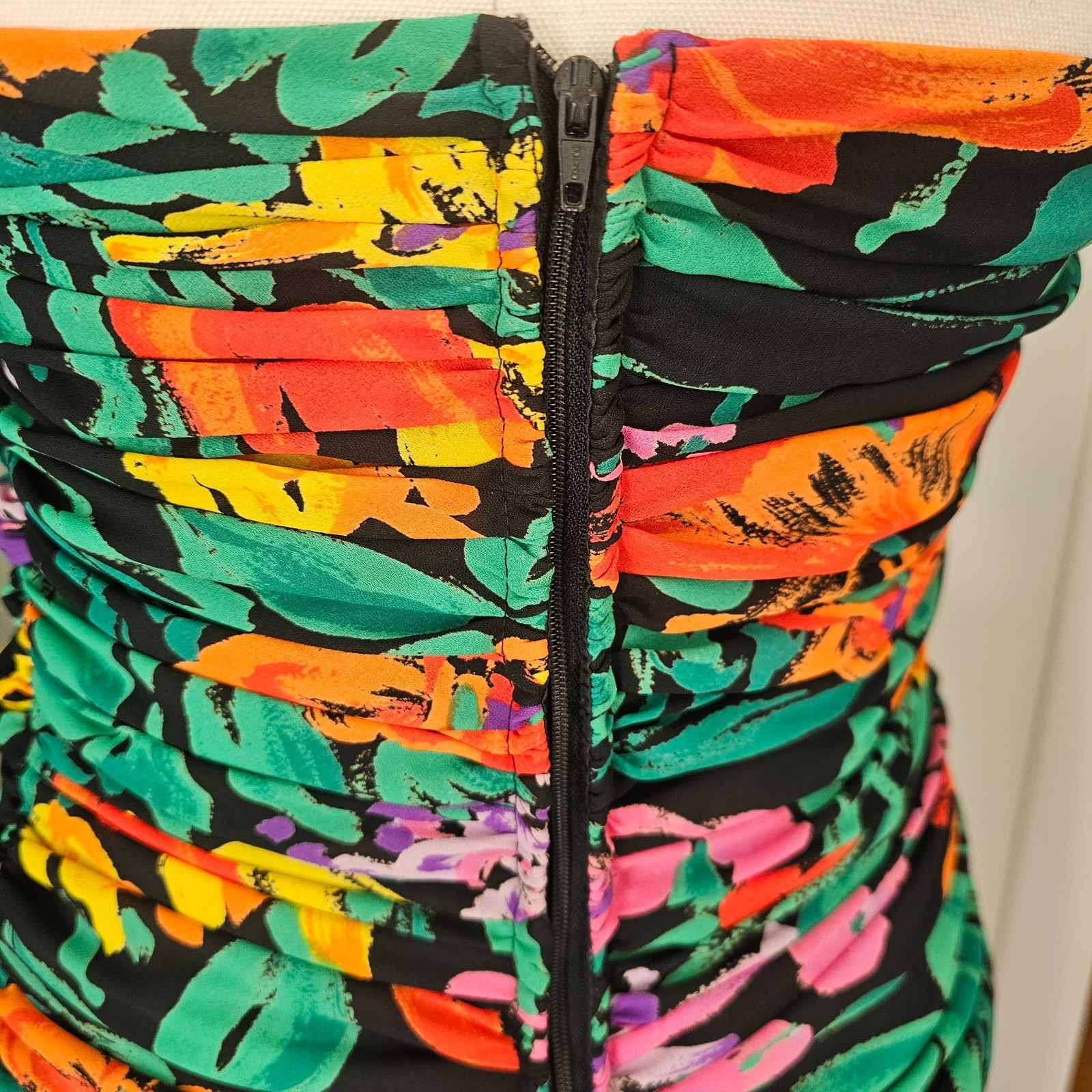 Masquerade 1980s Ruched Drop Waist Prom Party Dress Tropical Floral Size XS READ