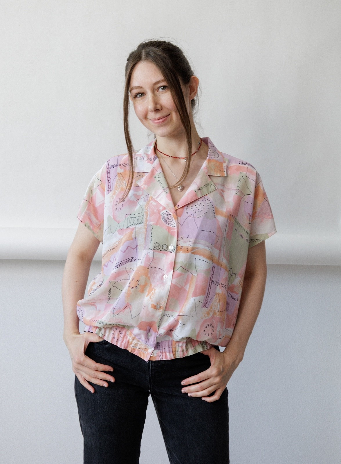 Vintage 90s Pastel Memphis Abstract Print Camp Collar Short Sleeve Blouse