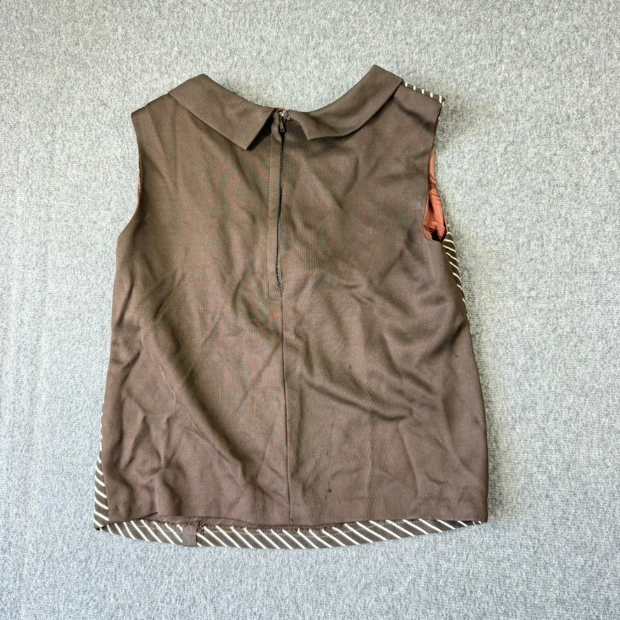 Vintage Brown Striped Sleeveless Shell Top Bow Collar Retro 60s Mod Style Size 8