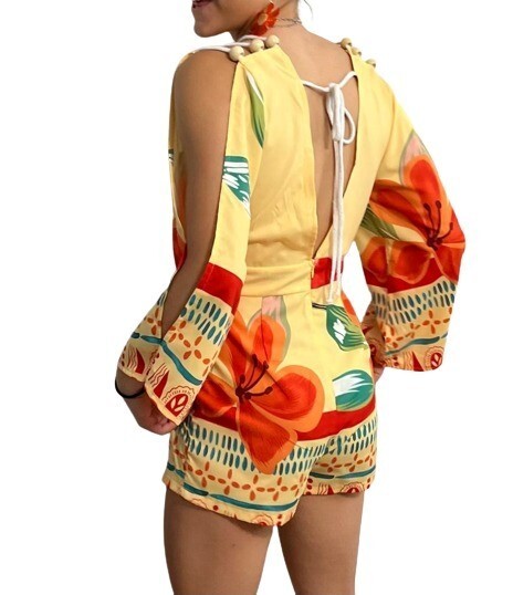 Short Romper Yellow Flower Fantasy Size S Small long Sleeves Wood Beaded Accents