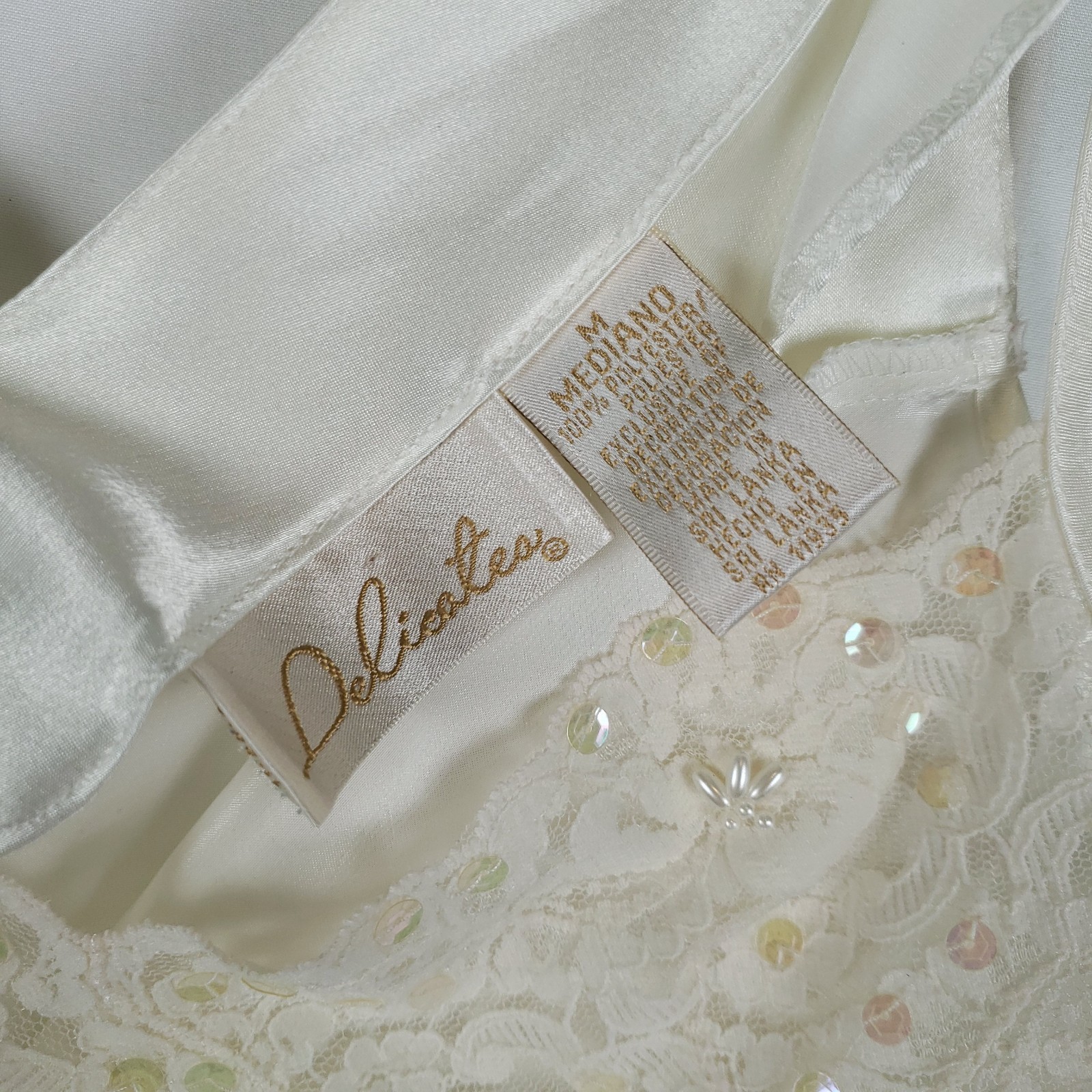 Vintage Delicates Satin Slip Womens Medium Beaded Sequin Lace Glossy Ivory 90s